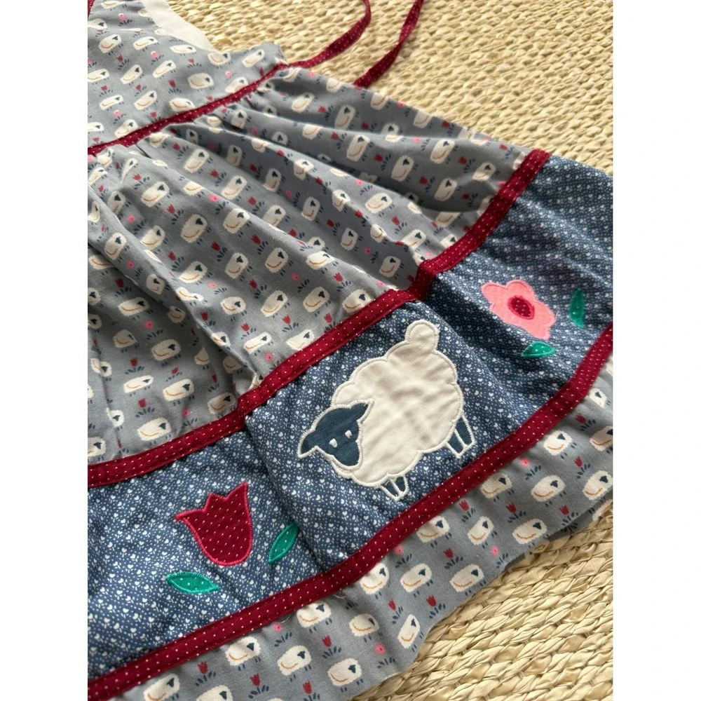 Vintage Toddler Girls Sheep Floral Applique Pinafore Dress Blue Burgundy Size 4T